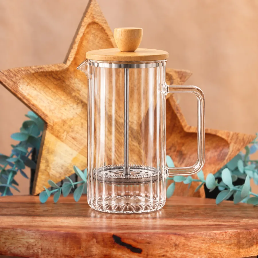 Bambu Frenchpress — Cam Ölçekli Siyah Kapaklı 350ml French Press