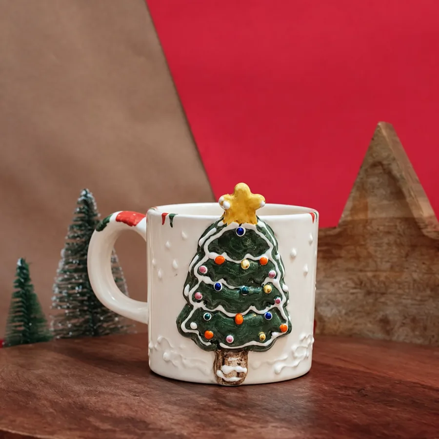 Çam Ağacı Figürlü Seramik Kupa — Hand Made Seramik Ekspresso Bardağı