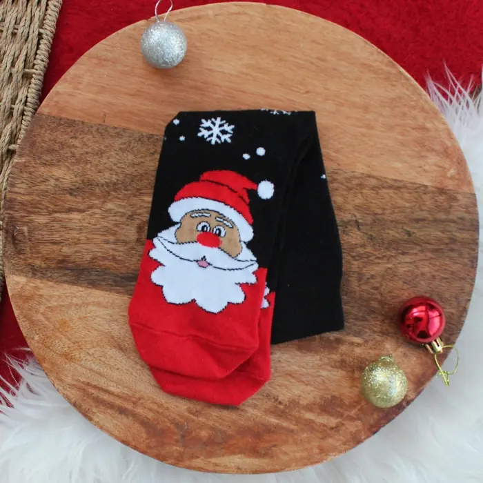 Siyah Noel Baba Desenli Çorap