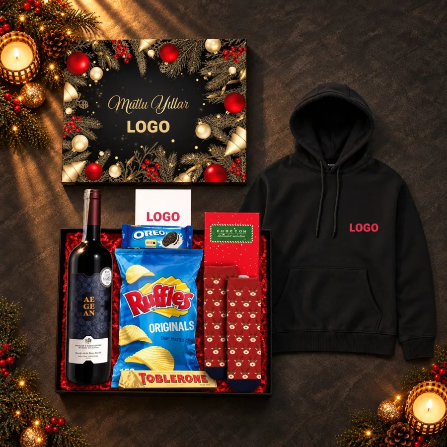 Logolu Sweatshirtlü Yılbaşı Kutusu: Çorap ve Atıştırmalık — 30x30x10cm Özel Üretim Mukavva Kutu & Kutu Üzeri Özel Tasarım ve Logo Baskı & Kutu İçi…