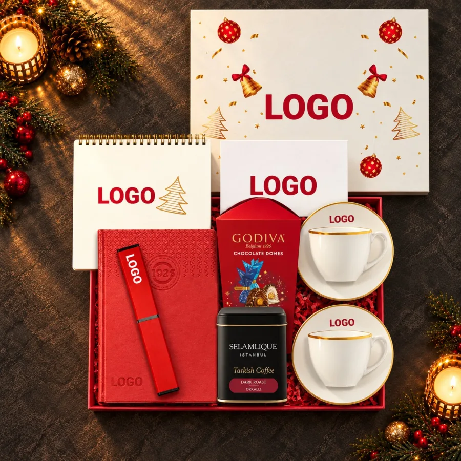 Türk Kahvesi Takımlı Yılbaşı Kutusu: Godiva, Touchpen Kalem — 30x24x10cm Beyaz Amerikan Bristol Kutu & Kutu Üzeri UV Baskı Logolu Türk Kahvesi Takımı…