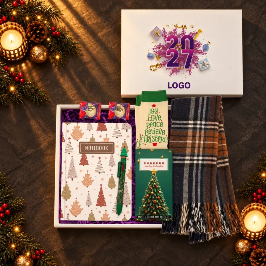 Atkı ve Çoraplı Yılbaşı Kutusu: Defter, Şans Kurabiyesi — 30x24x10 cm Logo baskılı Kutu : Özel Tasarım Slimbook Defter: Yılbaşı Tasarımlı Kalem :…