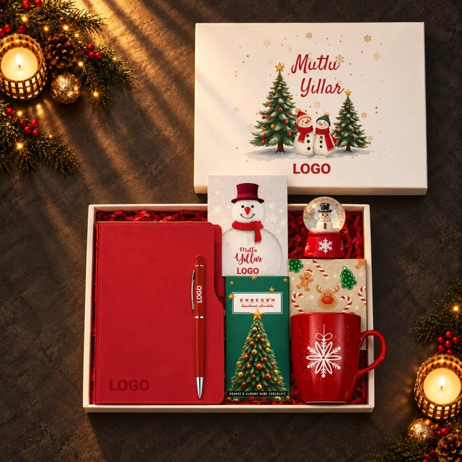 Kar Küreli Logolu Yılbaşı Kutusu: Defter, Bulut Kupa — 30*24*10 Cm Logo baskılı & Zigzag kağıtlı Kutu, Logo baskılı Defter, Logo baskılı…