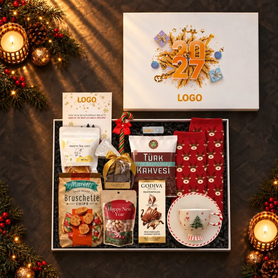 Atıştırmalık Dolu Yılbaşı Kutusu: Türk Kahvesi, Godiva — 30*24*10 Cm Logo baskılı & Zigzag kağıtlı Kutu :Karışık Kuruyemiş : Kahve Dünyası Türk…