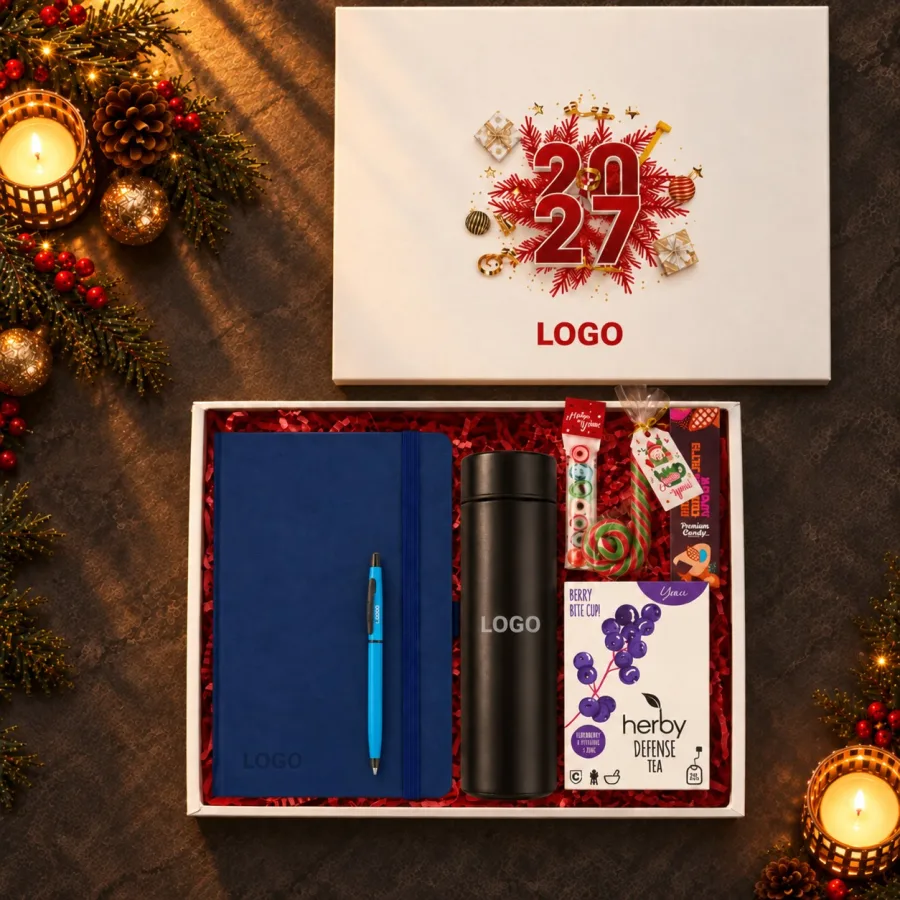 Termoslu Logolu Yılbaşı Kutusu: Defter, Sıcak Çikolata — 30*24*10 Cm Logo baskılı & Zigzag kağıtlı Kutu, Logo Baskılı Defter,Logo Baskılı Kalem…