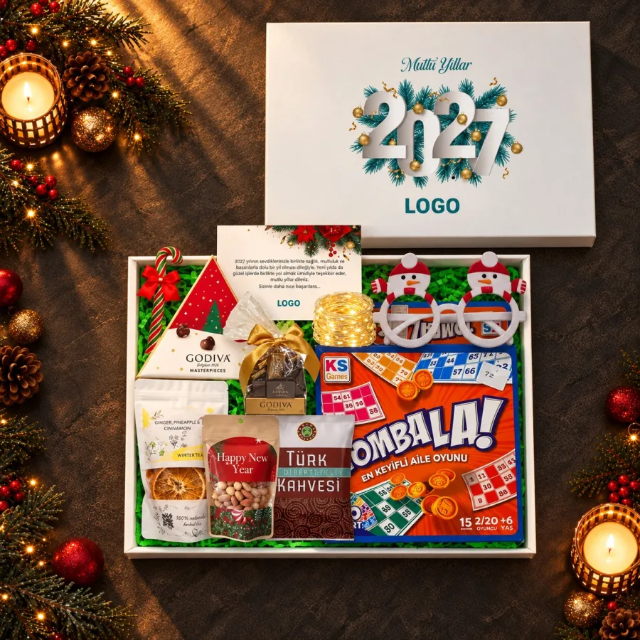 Tombalalı Yılbaşı Gecesi Kutusu: Led Işık, Godiva — 30*24*10 Cm Logo baskılı & Zigzag kağıtlı Kutu,Kış Çayı, Karışık Kuruyemiş, Türk Kahvesi…