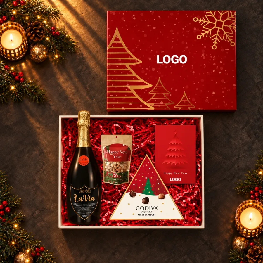 Alkolsüz Şampanyalı Yılbaşı Kutusu: Godiva, Kuruyemiş — 30x24x10cm Amerikan Bristol Kutu & Kutu Üzeri Tasarım Baskı & Kutu İçi Zigzag Kağıt : 1.…