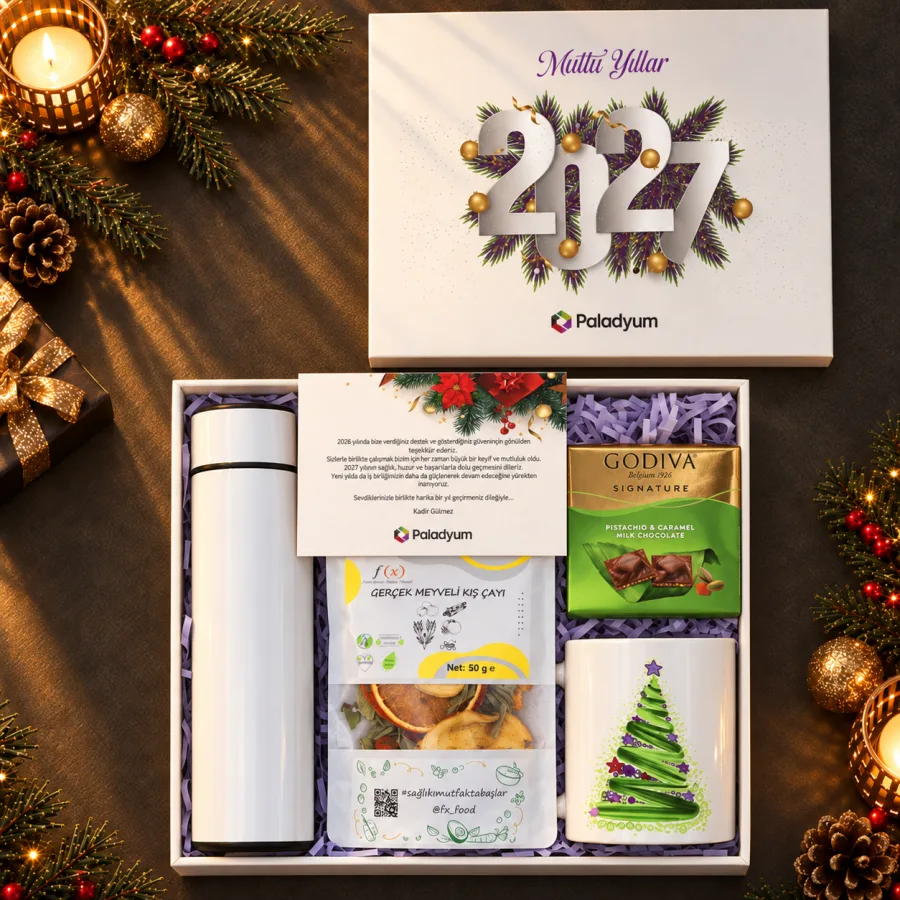 Dijital Termoslu Yılbaşı Kutusu: Godiva, Kış Çayı, Kupa — 30x24x10cm Amerikan Bristol Beyaz Kutu & Kutu Üzeri Logo Baskı & Kutu İçi Zigzag Kağıt…