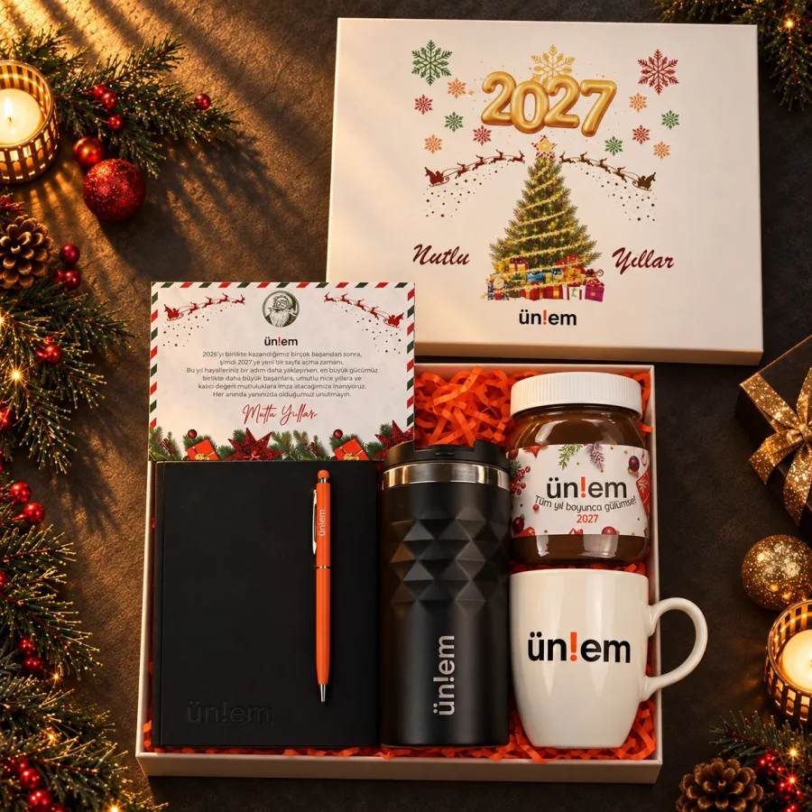 Mini Çam Ağaçlı Yılbaşı Kutusu: Deri Defter, Takvim, Nutella — 30x24x10cm Amerikan Bristol Beyaz Kutu & Kutu Üzeri Logo Baskısı & Kutu İçi Zigzag Kağıt…