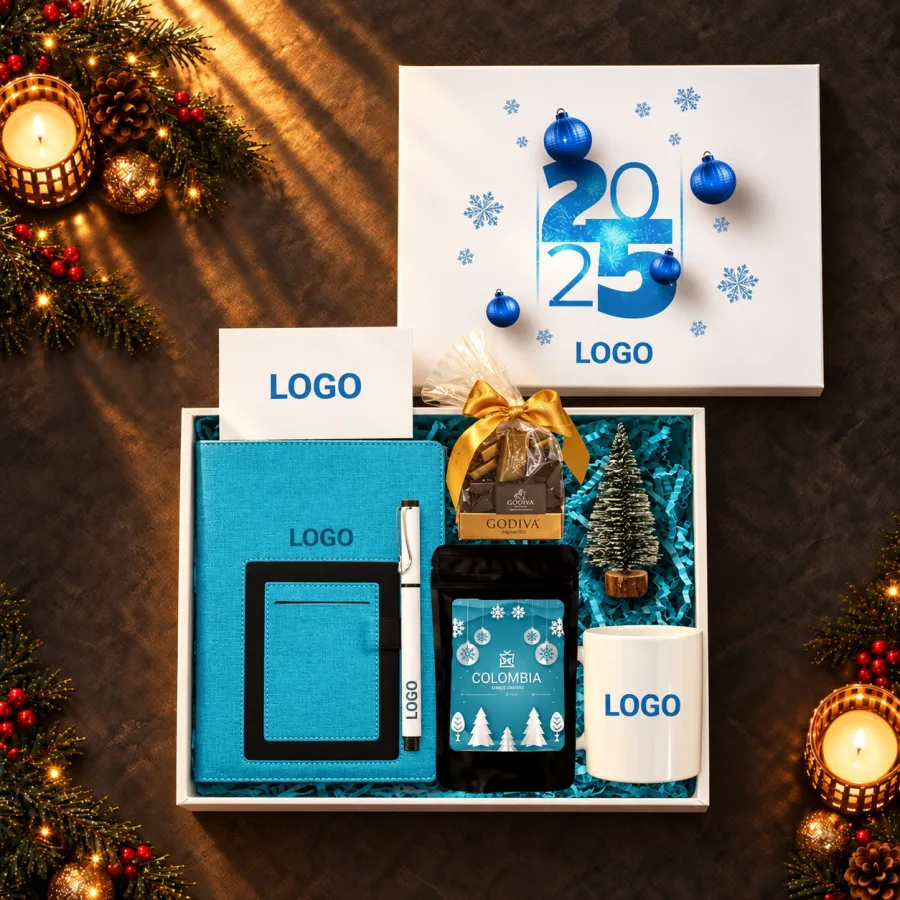Ajandalı Logolu Yılbaşı Kutusu: Kahve, Kupa, Godiva — 30x24x10cm Amerikan Bristol Logo Baskılı Kutu - Özel Tasarım Motto Kartı - Logo Baskılı…