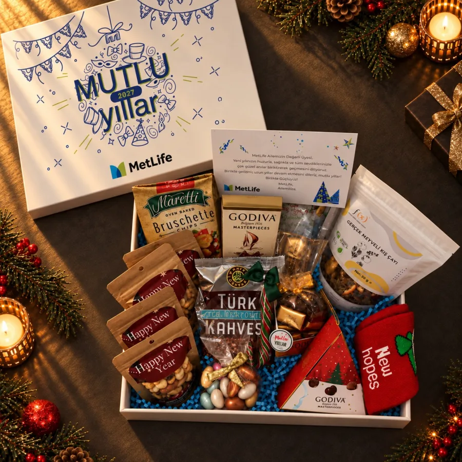 Lezzet Dolu Yılbaşı Kutusu: Godiva, Türk Kahvesi, Kuruyemiş — 30x24x10cm Yılbaşı Tasarım Özel Üretim Kutu & Kutu İçi Zigzag Kağıt - 50gr Fx Kış Çayı…