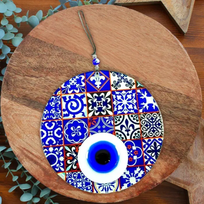 Çini Desenli Nazar Boncuğu — 12cm Çini Kare Nazar Boncuğu Füzyon Cam