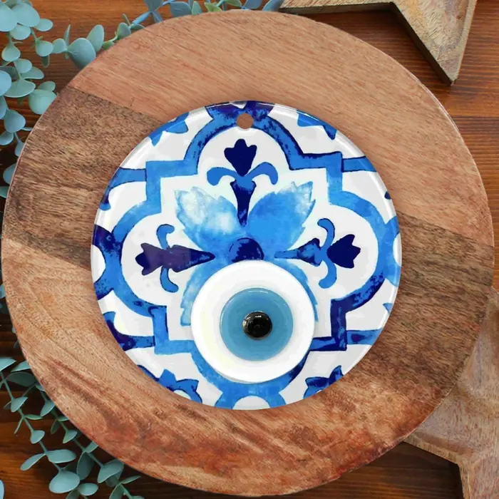 Mavi Çinili Nazar Boncuğu — 12cm Çini Kare Nazar Boncuğu Füzyon Cam