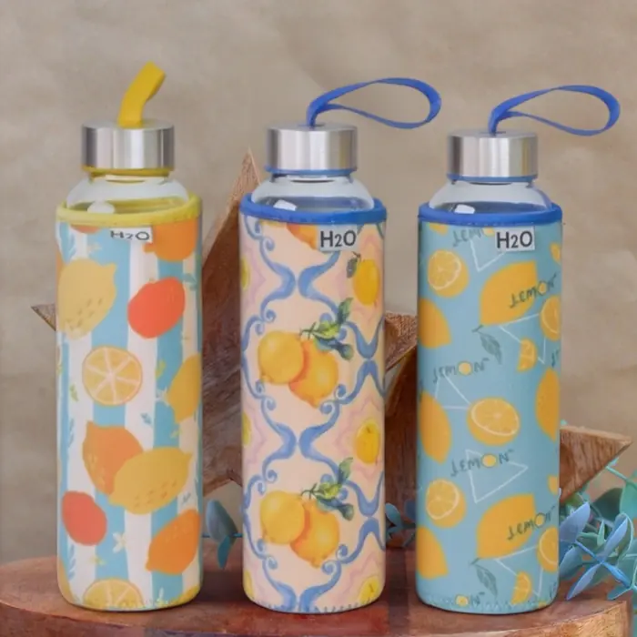 H2O Cam Limon Desen Kılıflı Matara