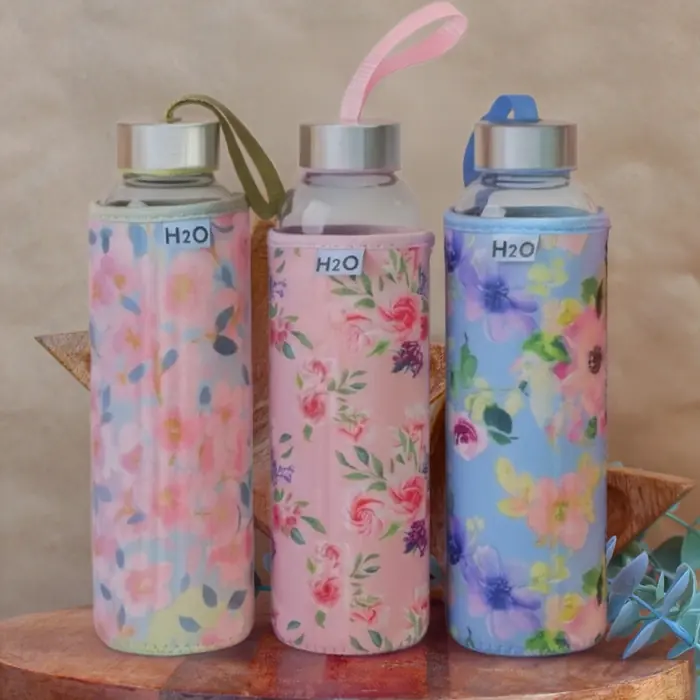 H2O Cam Çiçek Desen Kılıflı Matara