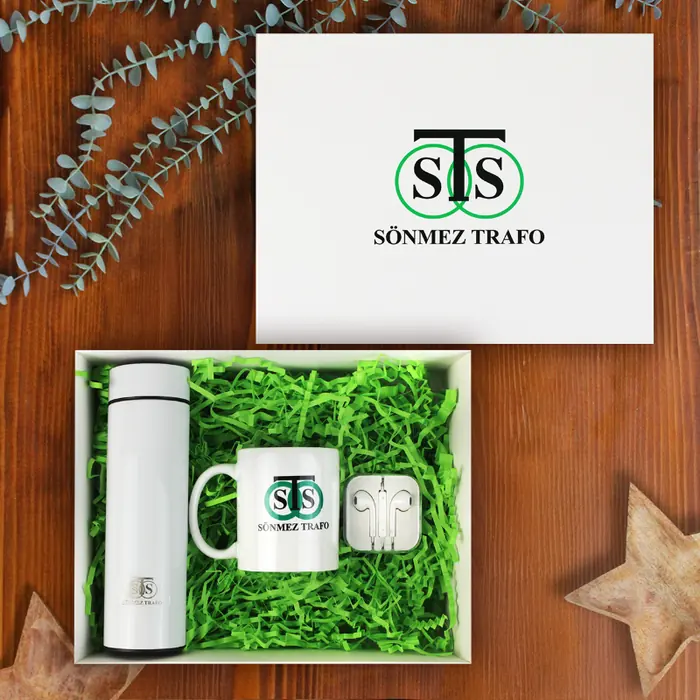Sönmez Trafo — 30x24x10 cm American Bristol Kutu & Kutu İçi Zigzag Kağıt, Logo Baskılı Çelik Termos…