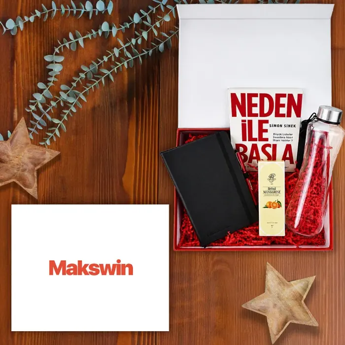 Makswınn Gayrimenkul — 30x24x10 cm Mıknatıslı Mukavva Kutu & Kutu İçi Zigzag Kağıt, Siyah Termoderi Defter, Logo…