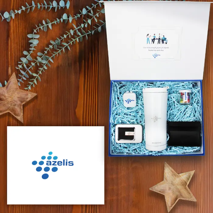Azelis Kimya — 30x24x10 cm Mıknatıslı Mukavva Kutu & Kutu İçi Zigzag Kağıt, Logo Baskılı Beyaz Çelik…