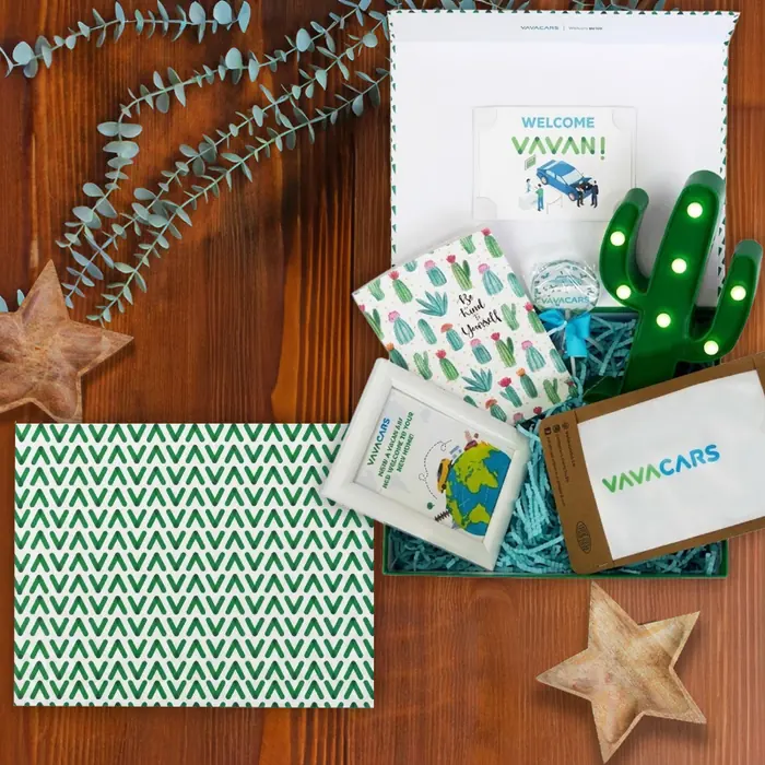 Vavacars — 30x24x10 cm Mıknatıslı Mukavva & Kutu İçi Zigzag Kağıt, Logo Baskılı Beyaz SuCo, Kaktüs…