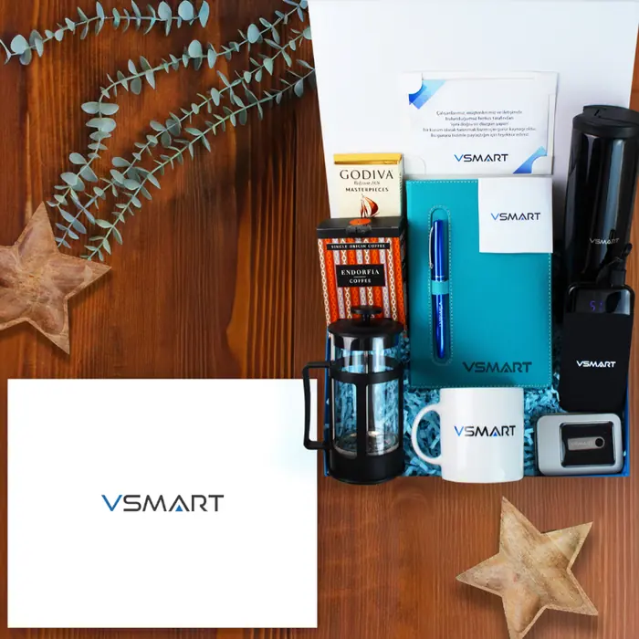 VSMART — 30x24x10 cm Mıknatıslı Mukavva Kutu & Kutu İçi Mavi Zigzag Kağıt, Logo Baskılı Ajanda…