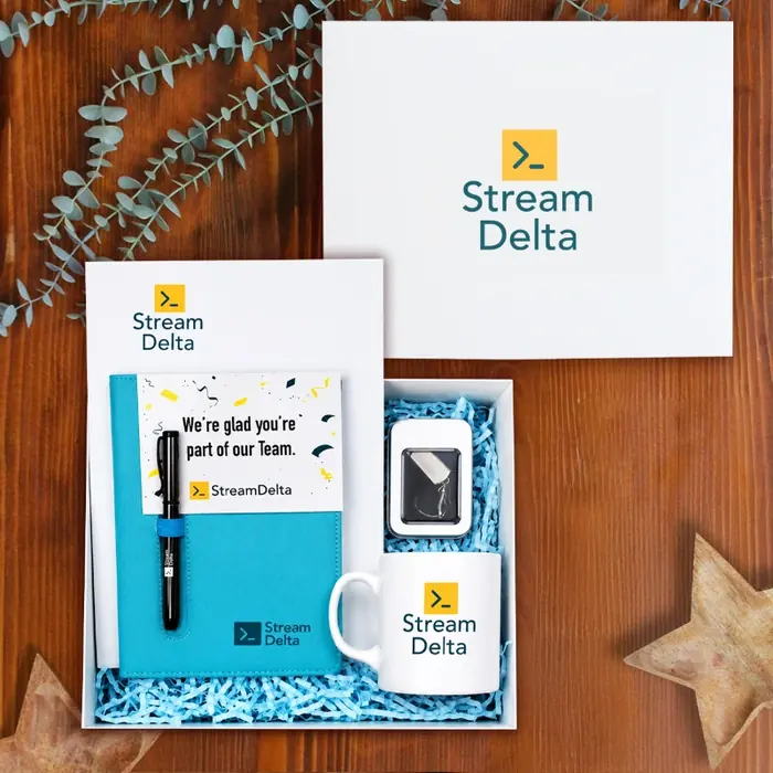 Stream Delta — 30×24×10 cm American Bristol Kutu & Kutu İçi Zigzag Kağıt, Logo Baskılı Defter, Logo…