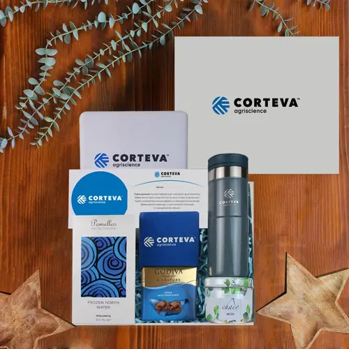 Corteva Hoş Geldin Kutusu — Stanley termos ve Pomellos kolonyayla kataloğun en üst seti.